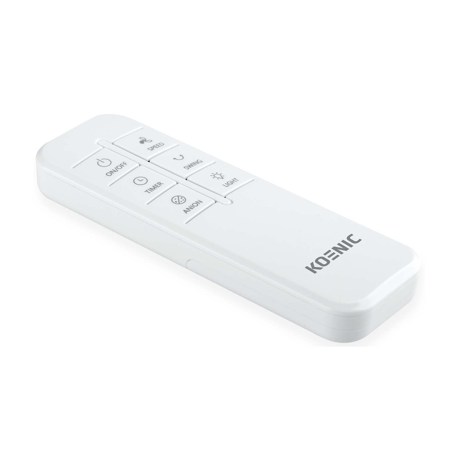 Un telecomando bianco con pulsanti, su sfondo bianco.