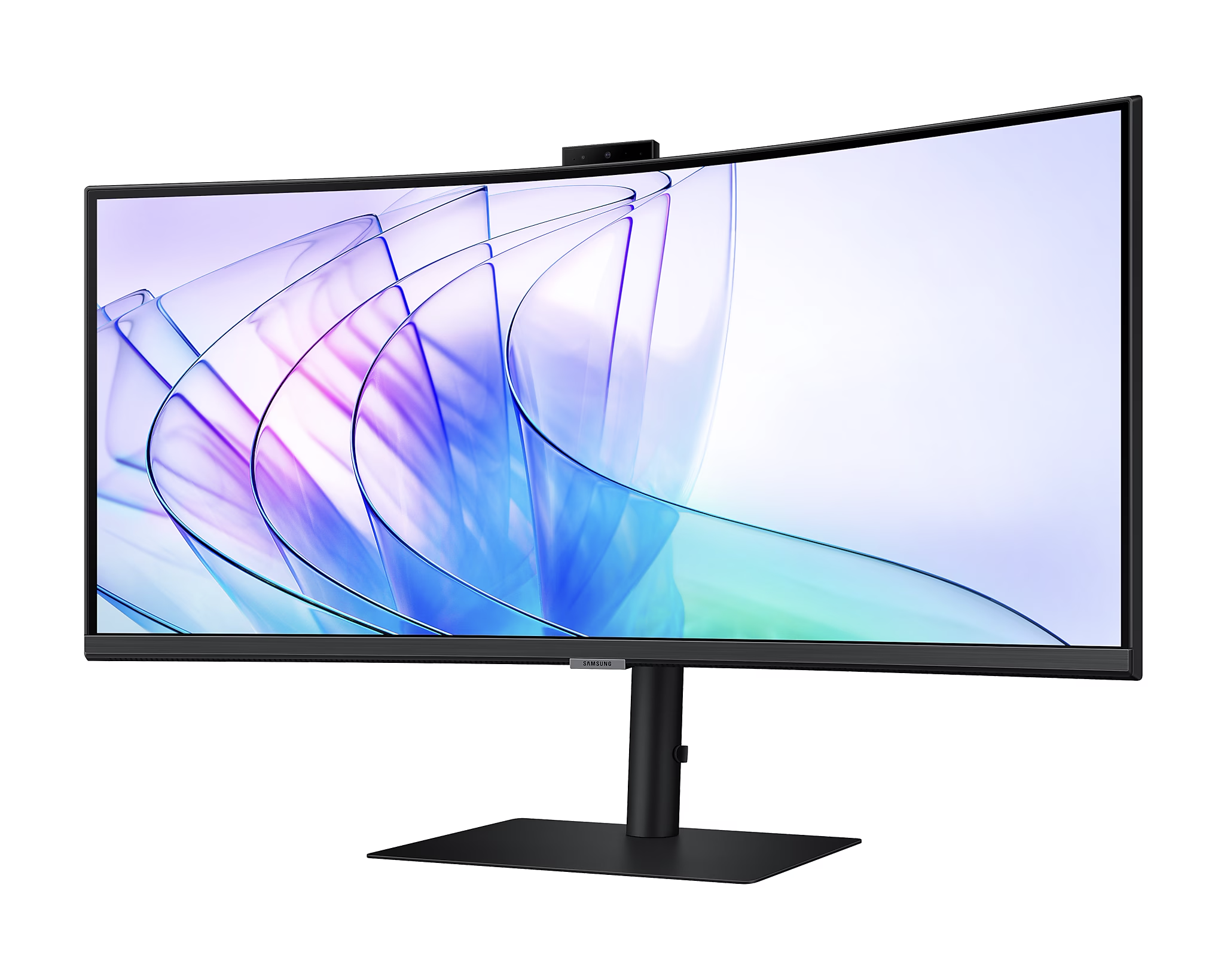 Ívelt számítógép monitor fekete állvánnyal, fehér háttéren.