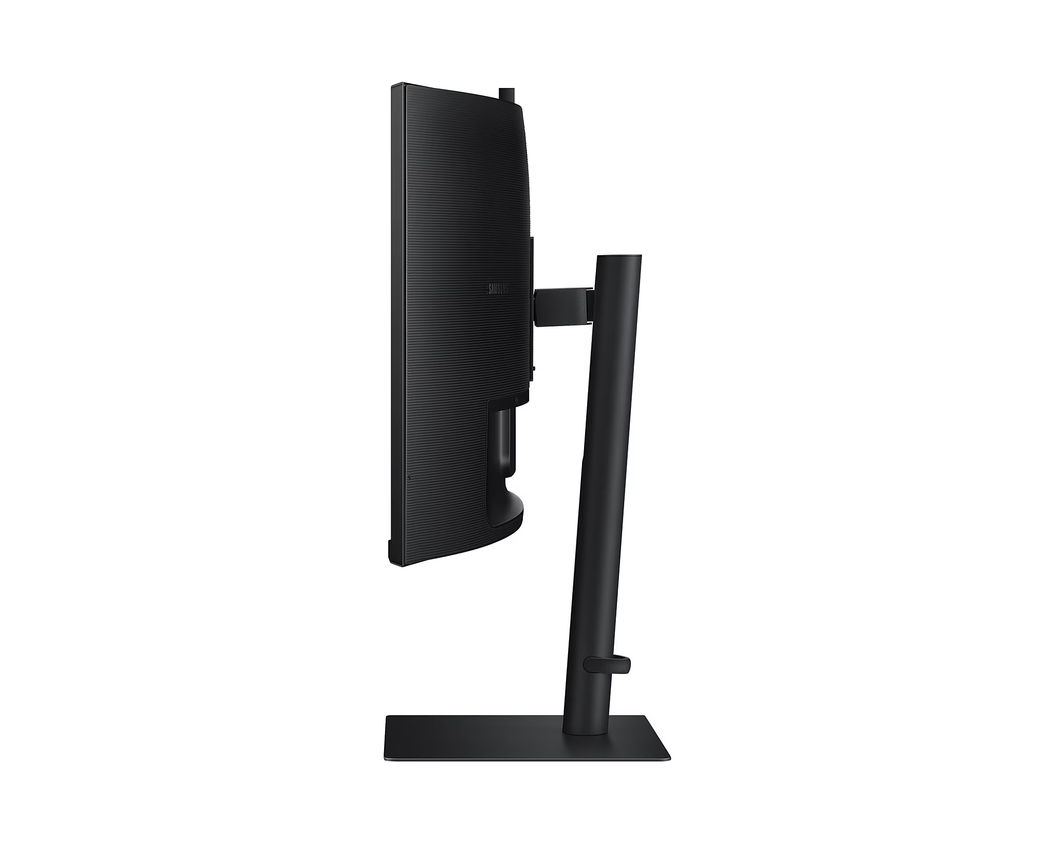 Fekete számítógép monitor oldalról. A monitor egy állványon van.