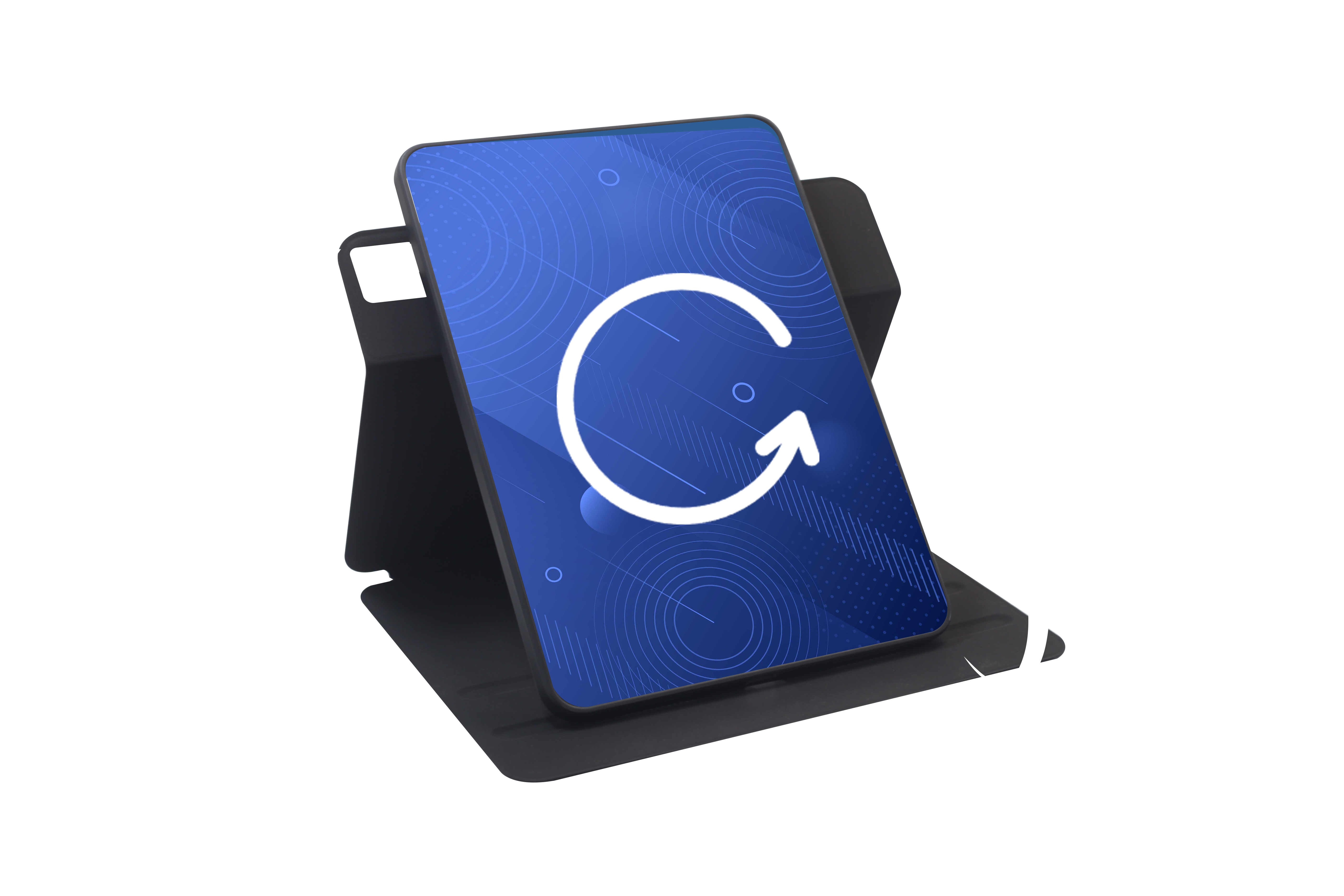 Tablet in einer schwarzen Hülle, mit weißem Pfeil auf blauem Bildschirm.