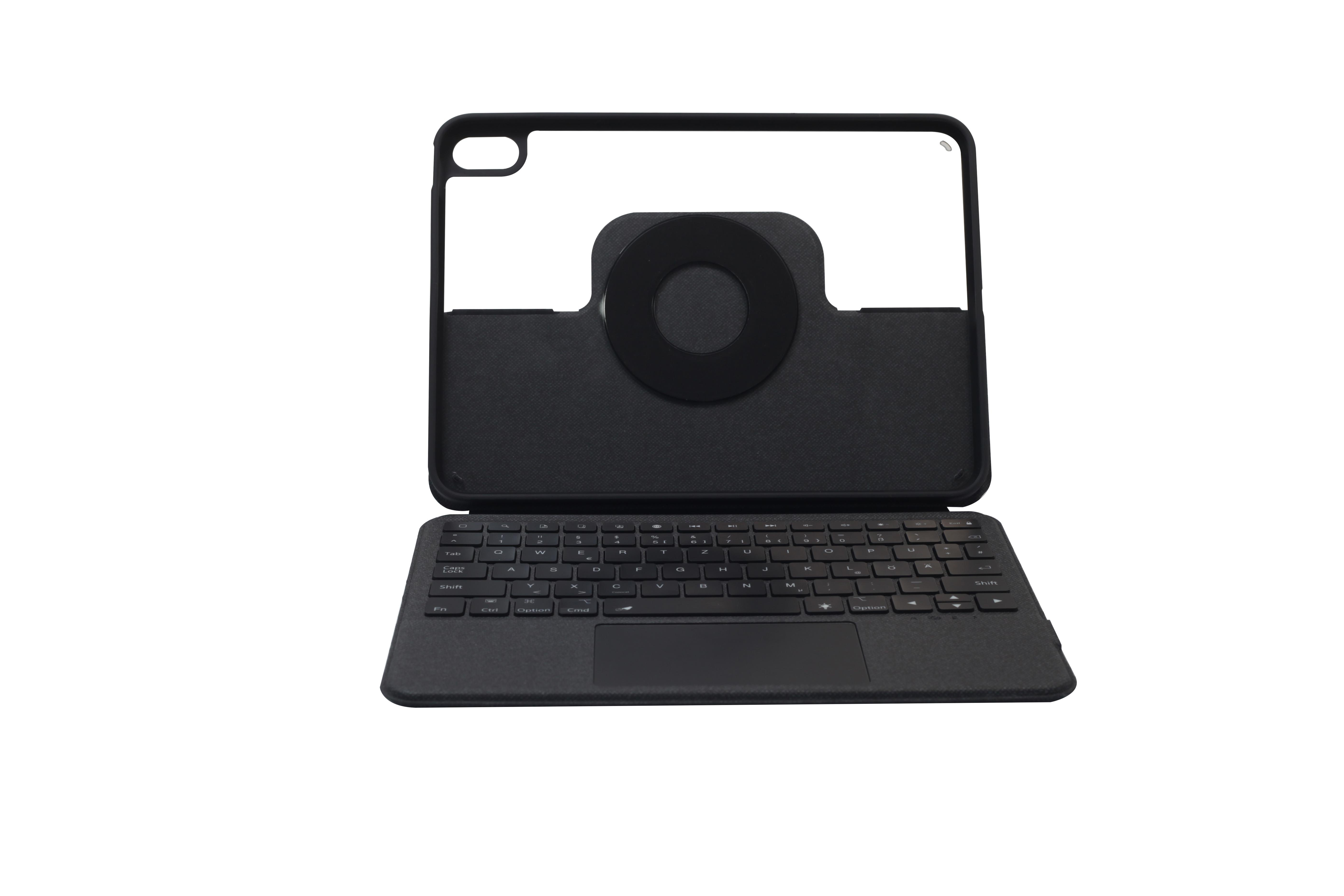 Eine schwarze iPad-Hülle mit Tastatur und einem kreisförmigen Halter für den Apple Pencil.
