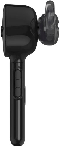 Czarny zestaw słuchawkowy Bluetooth, z zakrzywionym designem i dwoma przyciskami.