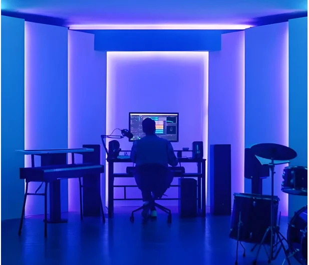 Salon z kolorowymi światłami wokół telewizora i stolika kawowego.