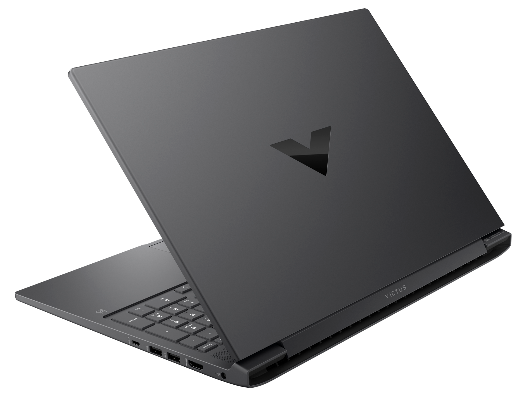 Czarny laptop z otwartą pokrywą, pokazujący klawiaturę i logo Victus.