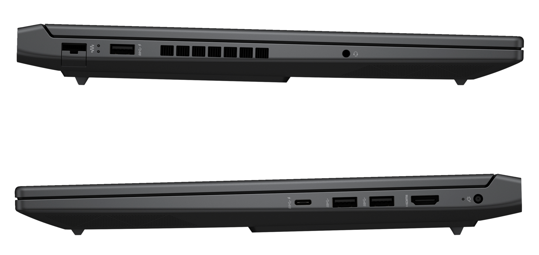 Boki laptopa, pokazujące porty. Górna strona ma otwory wentylacyjne. Dolna strona ma USB, HDMI, audio.