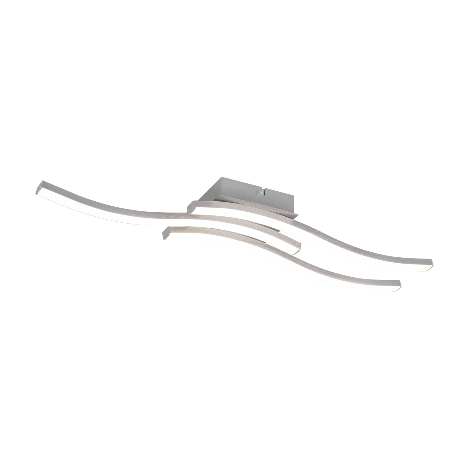 Lampada da soffitto moderna argentata con design curvo. Tre barre luminose curve si estendono dalla base quadrata.