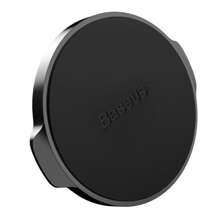 Siyah, dairesel bir Baseus araç telefon tutucusu. Tutucunun tabanı yuvarlak ve ortasında logo bulunuyor.