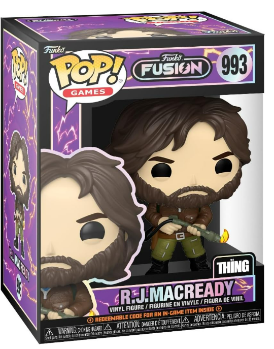 Eine Funko Pop Figur in einer Box, die eine Figur mit Bart und Schrotflinte darstellt.