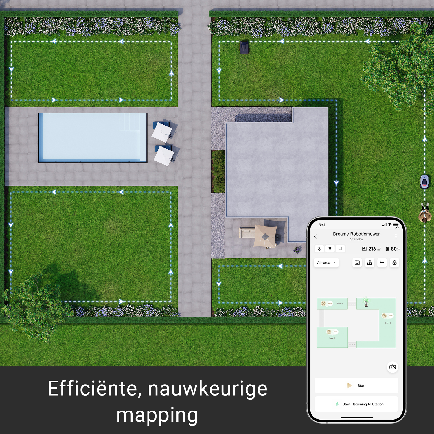 Een bovenaanzicht van een gazon met een robotmaaier en een smartphonescherm.