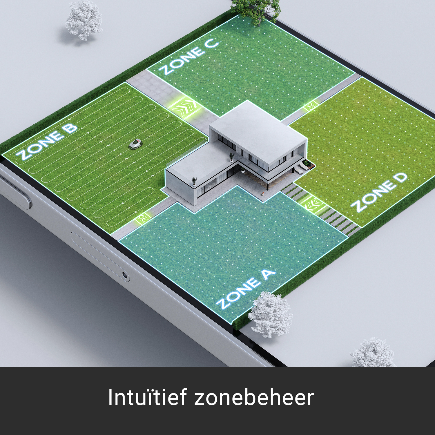 Smartphone scherm toont tuin verdeeld in zones voor robotmaaien.