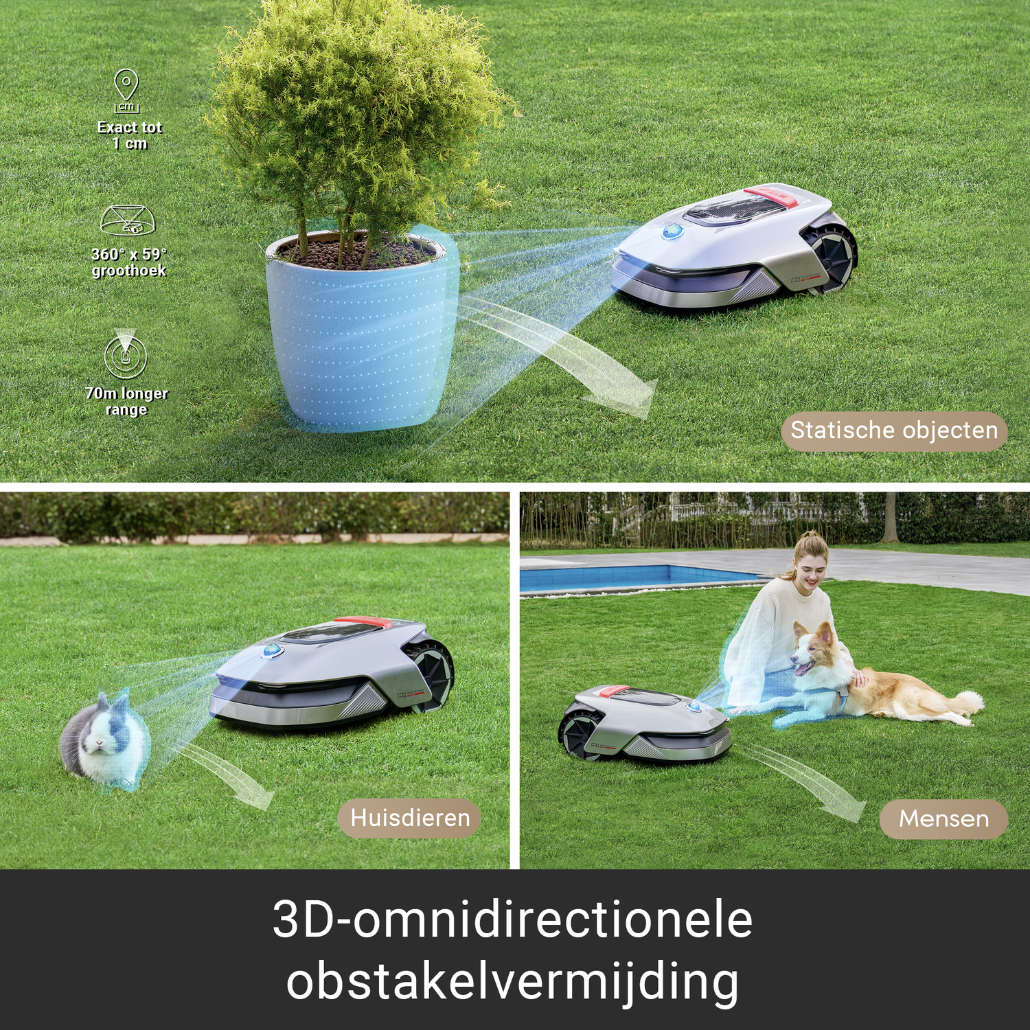 Een robotmaaier met een plant en diverse obstakels.