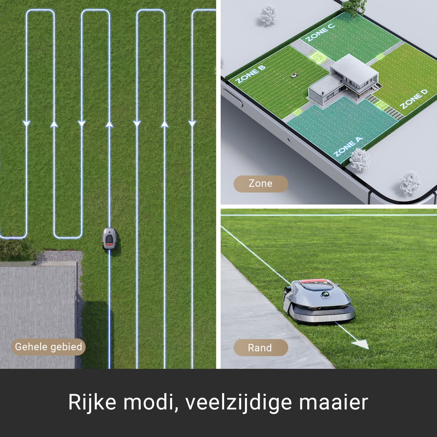 Diagram van een grasmaaier met zones en een slim apparaat.