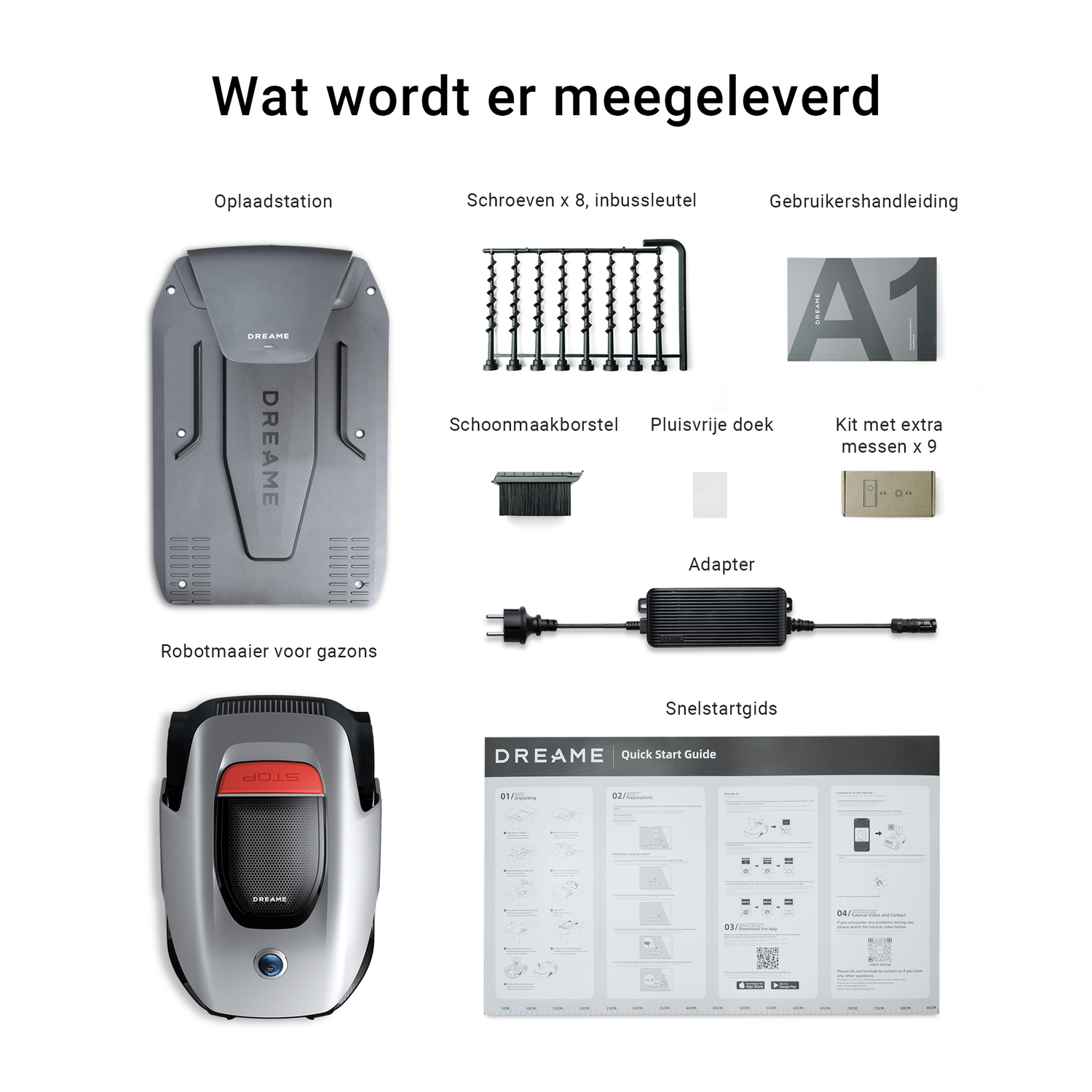 Accessoires en een robotmaaier, inclusief oplaadstation en messen.