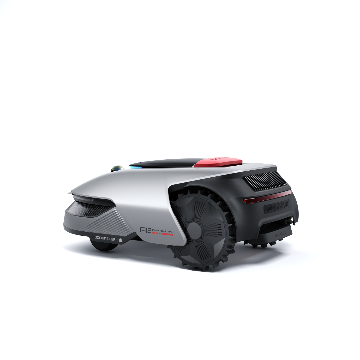 Robot lawnmower in a white studio background with a red top.