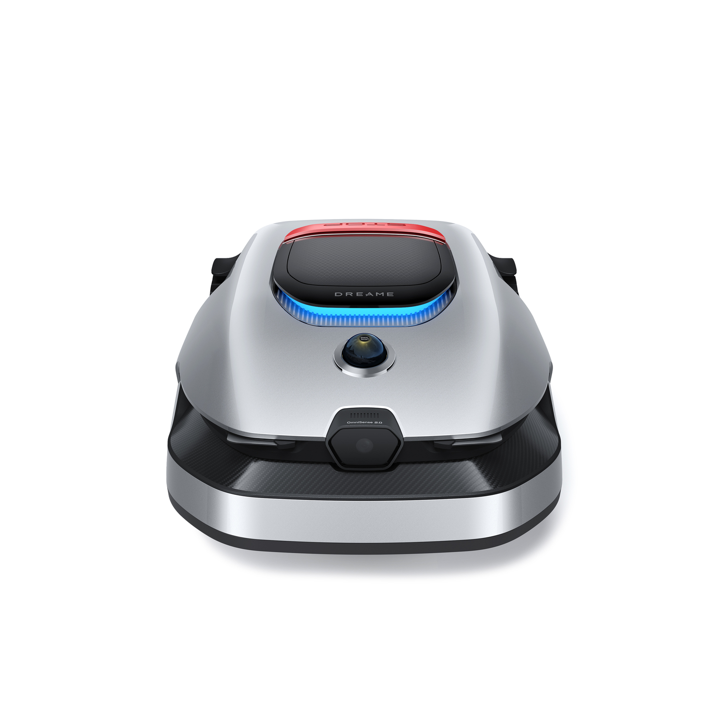 Robot lawnmower, top view, silver body, black accents, red stop button.