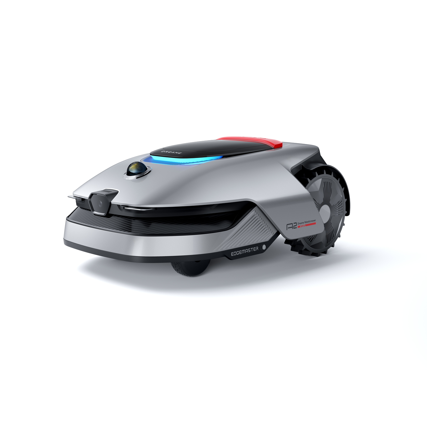 Robot lawnmower, side view, silver body, black accents, wheel, white background.