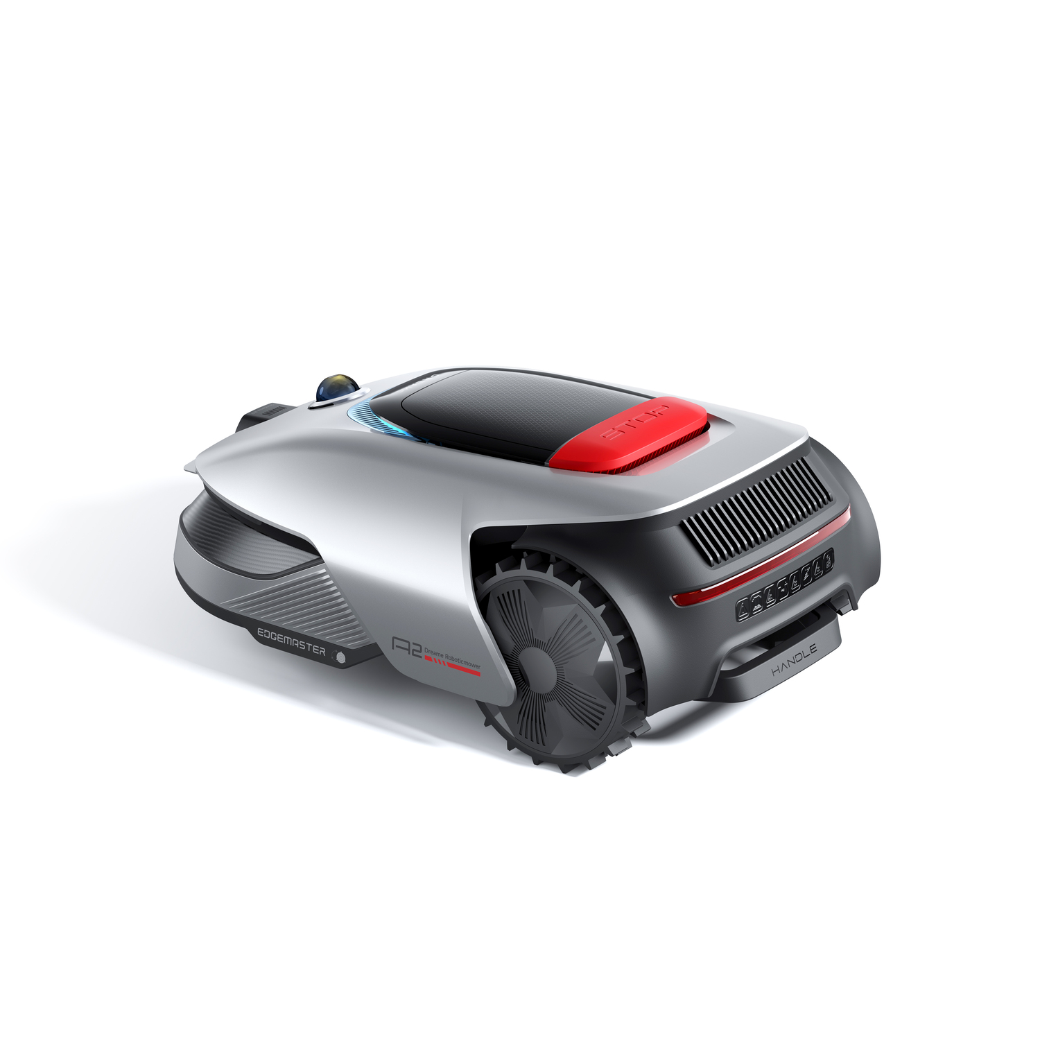 Robot lawnmower, angled view, silver and black body, red stop button, white back.