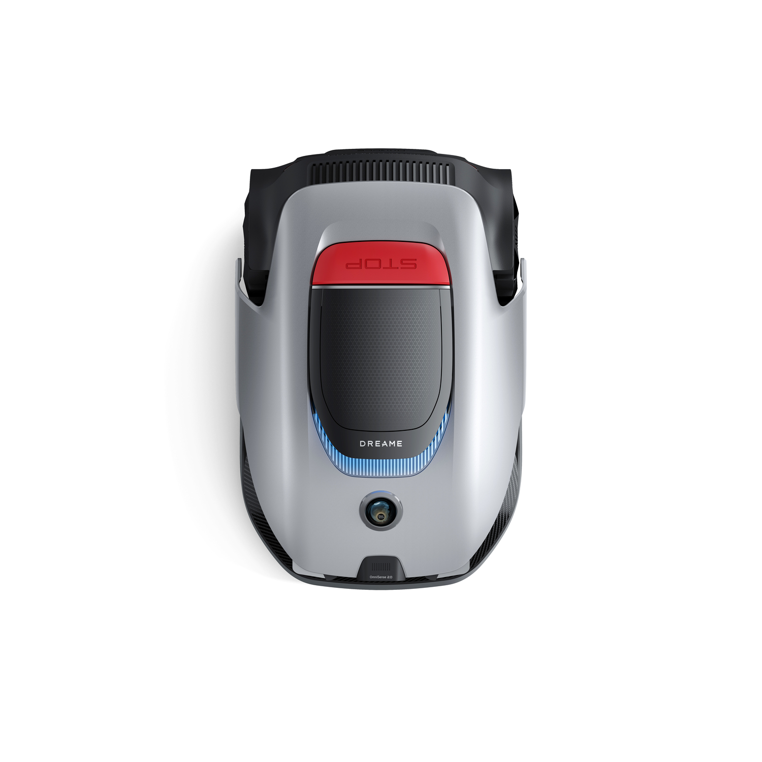 A silver robot vacuum cleaner with red 'STOP' button and blue light accents.