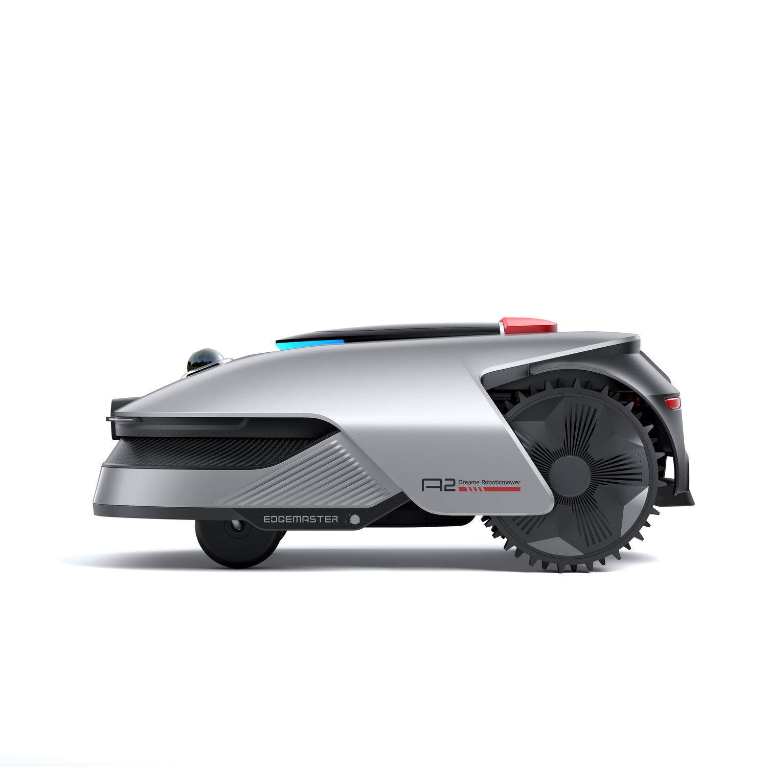 A silver and black robotic lawn mower on a white background.