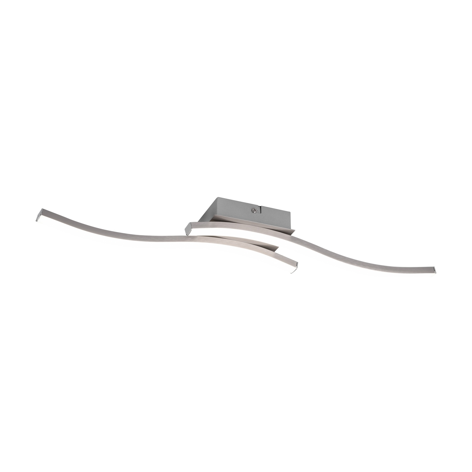 Lampada da soffitto argentata con bracci curvi su sfondo bianco.