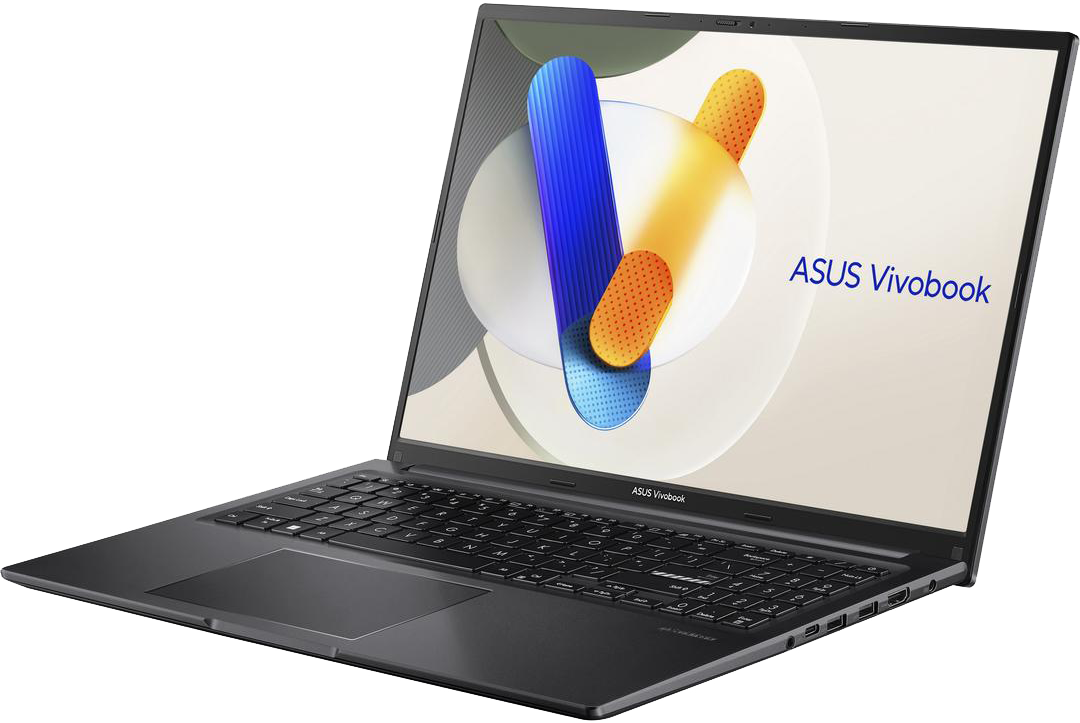 Egy laptop fekete testtel, nyitva, egy képernyőt mutat, az ASUS Vivobook szavakkal.
