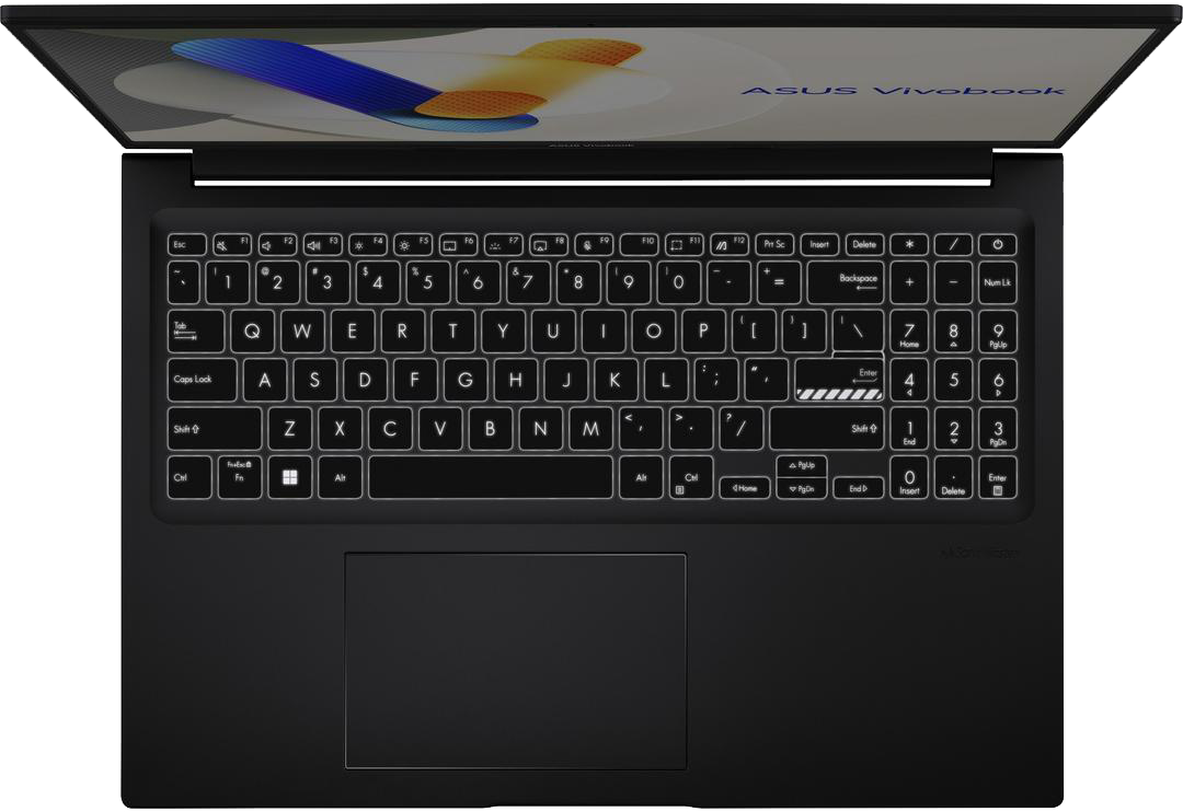 Egy laptop billentyűzet világító billentyűzettel, nyitott laptop képernyővel.