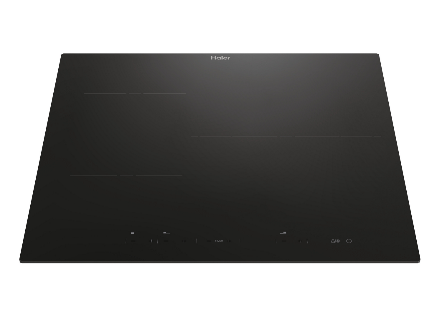 Placa de inducción Haier negra con tres zonas de cocción y controles táctiles.