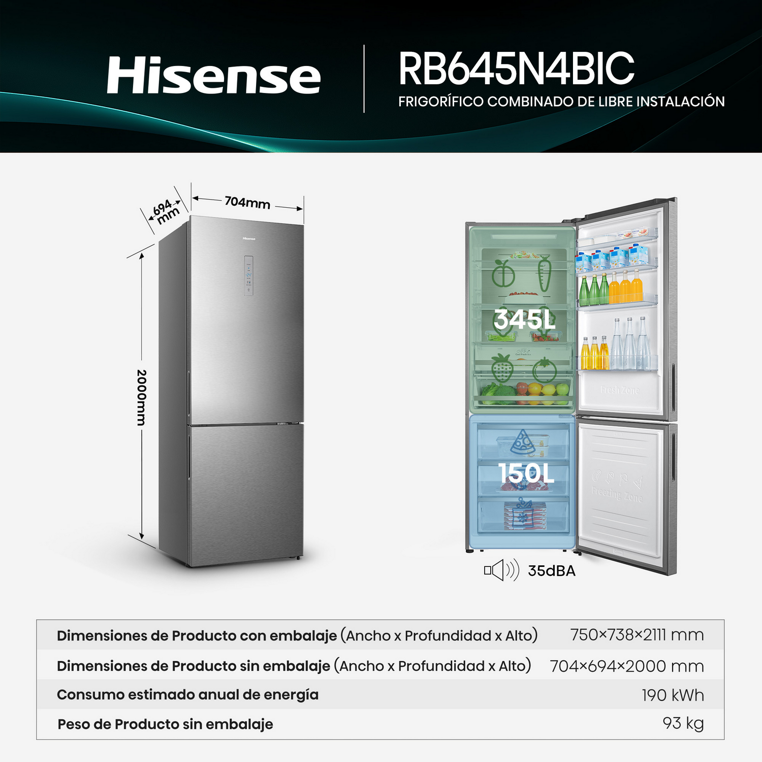 Un refrigerador Hisense con dimensiones y vista interna mostrando compartimentos.