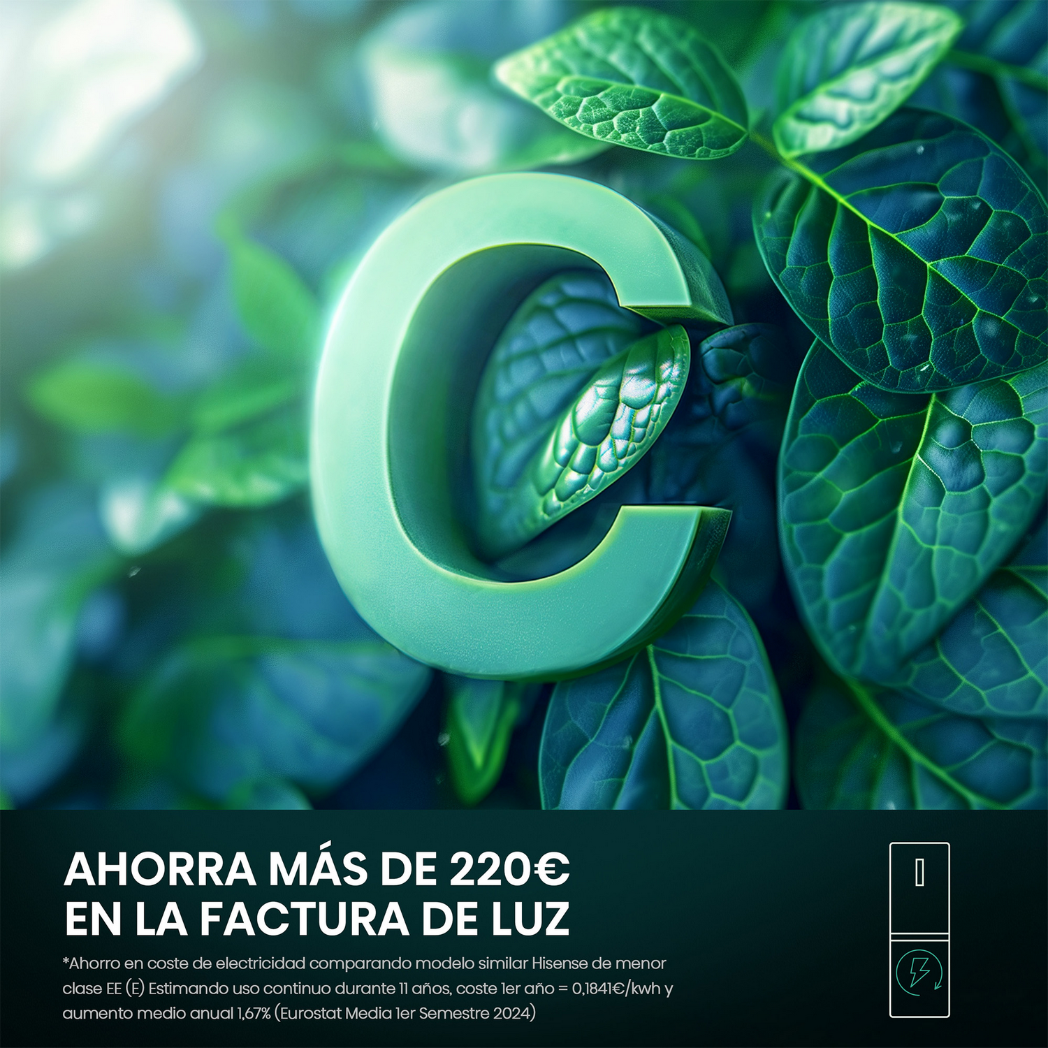 Letra C verde con una hoja, rodeada de hojas verdes, con texto sobre ahorro en facturas.