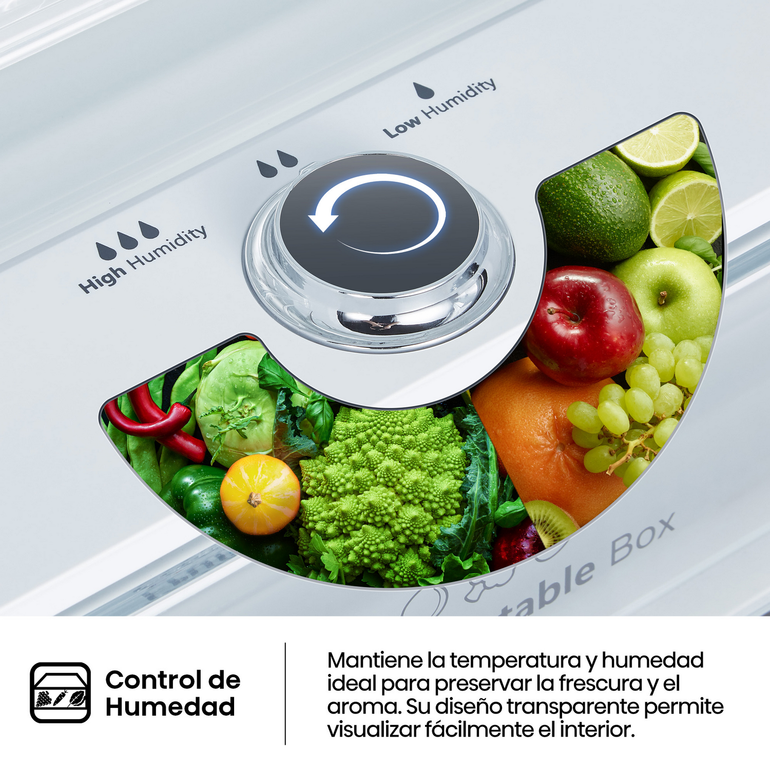 Interior de refrigerador con frutas y verduras, y dial para control de humedad. Texto: Control de Humedad.