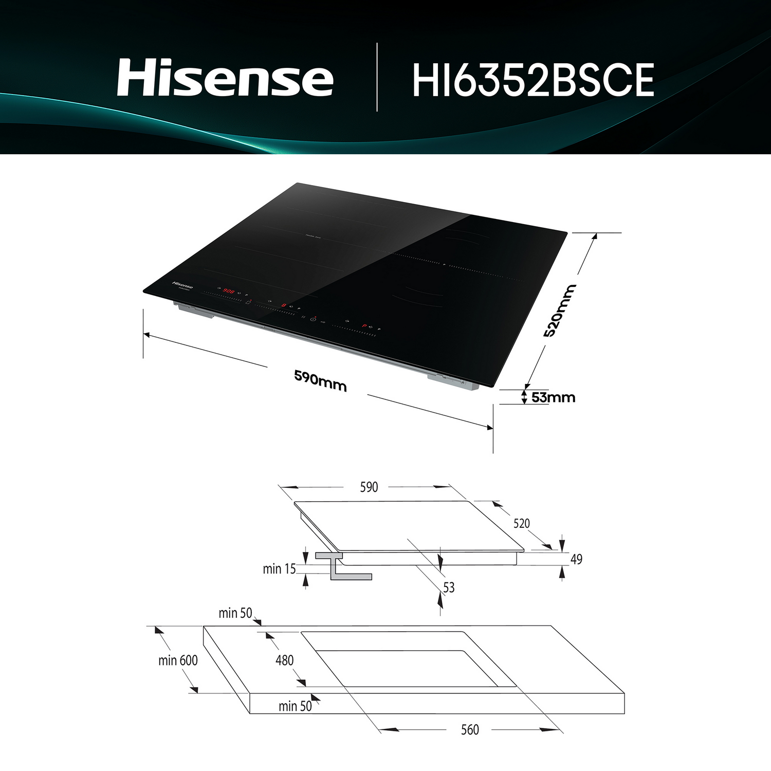 Un diagrama de una encimera de inducción Hisense HI6352BSCE negra con dimensiones.