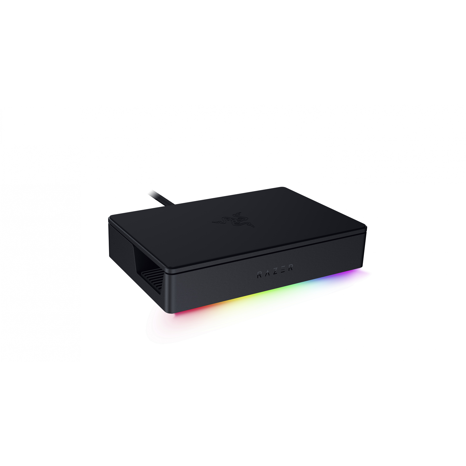 Zwart Razer-apparaat met Razer-logo en een kleurrijke lichtstrip aan de onderkant.