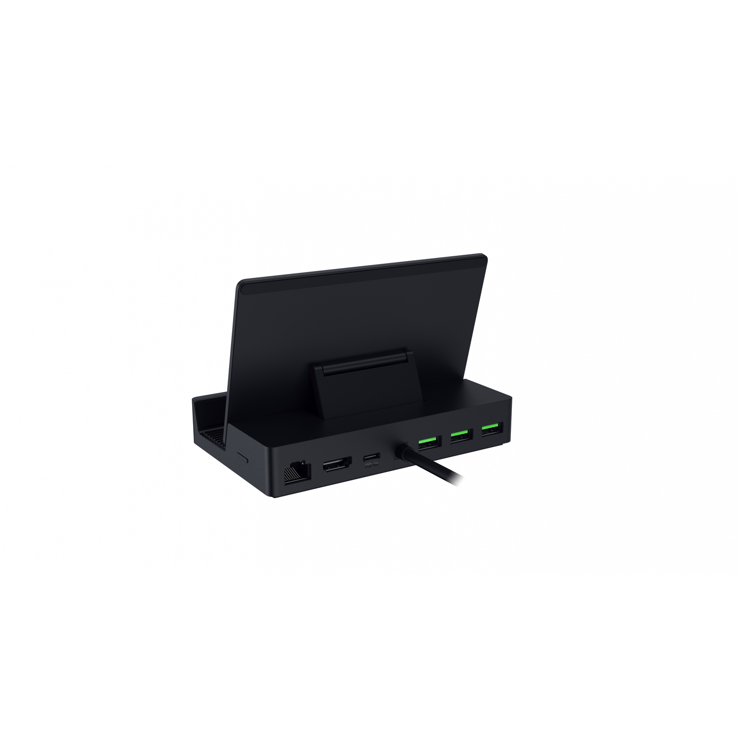 Zwart apparaat met een standaard en poorten, met het laptopscherm zichtbaar.