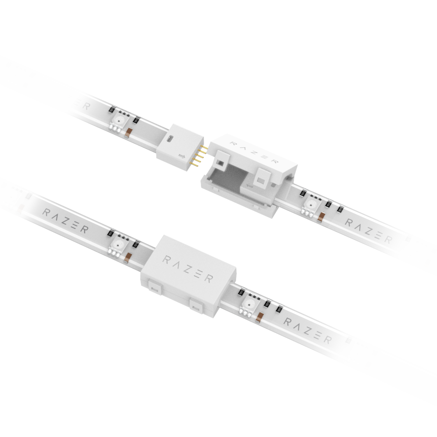Two white Razer LED strips with connectors, angled against a black background.