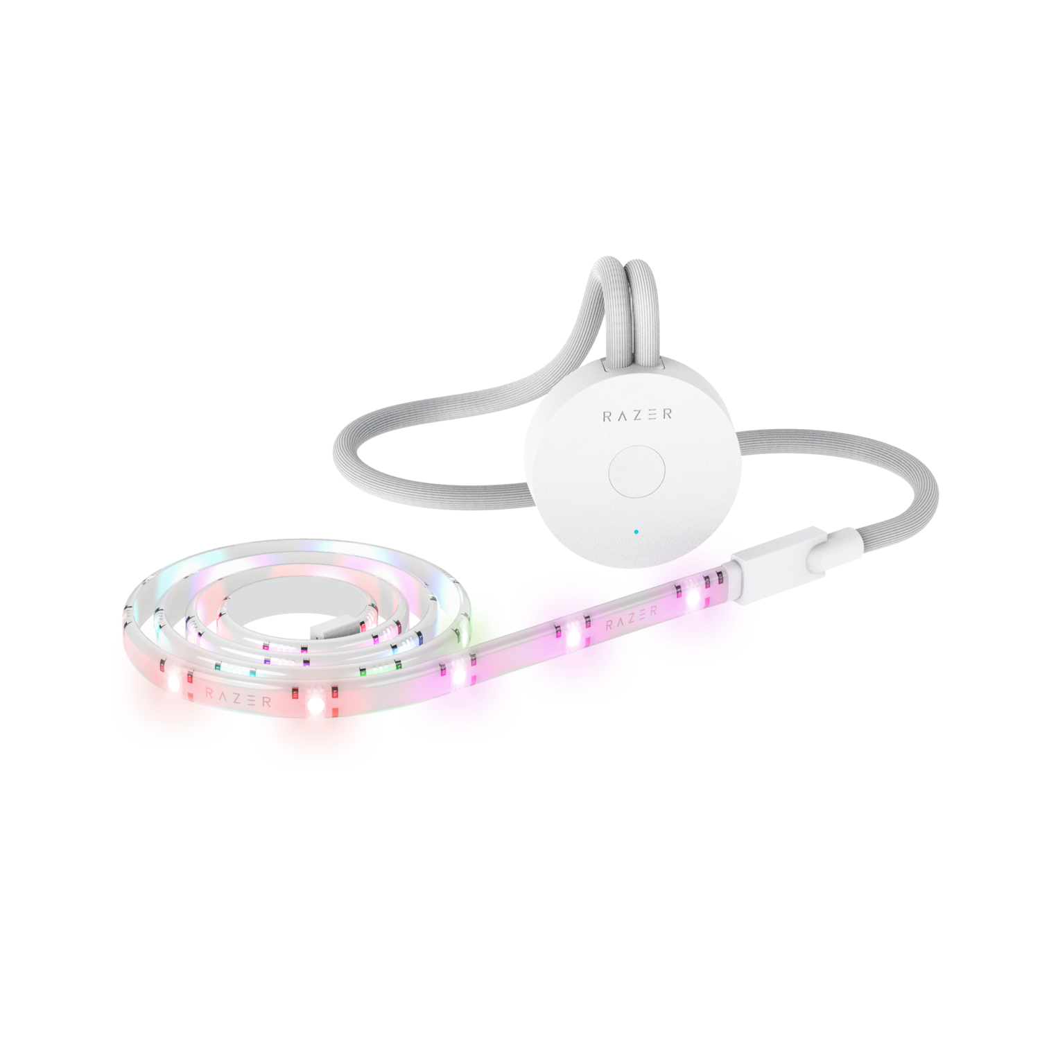 Curled Razer LED light strip with a control unit, lights are changing colors.
