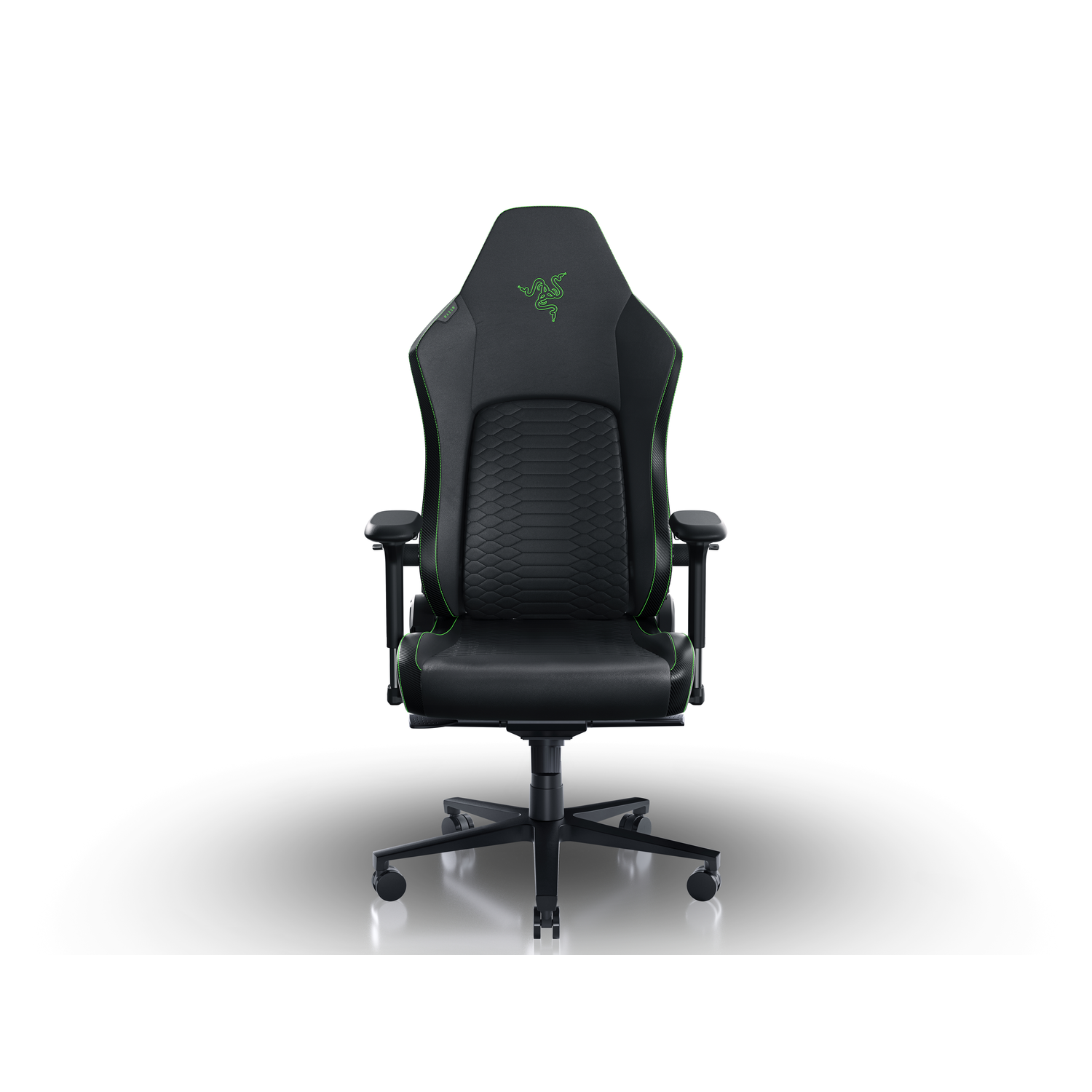 Black gaming chair with green accents, Razer logo on headrest, white background.