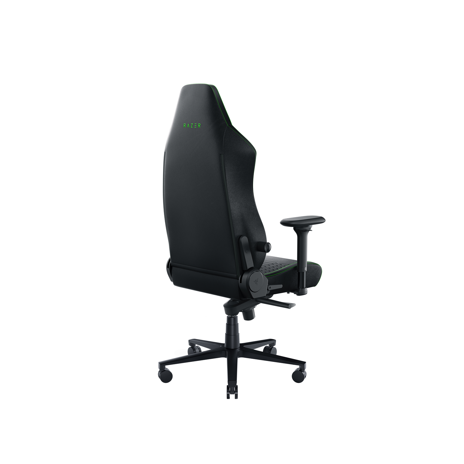 Gaming chair back view. Black with green stitching, Razer logo, and armrests.