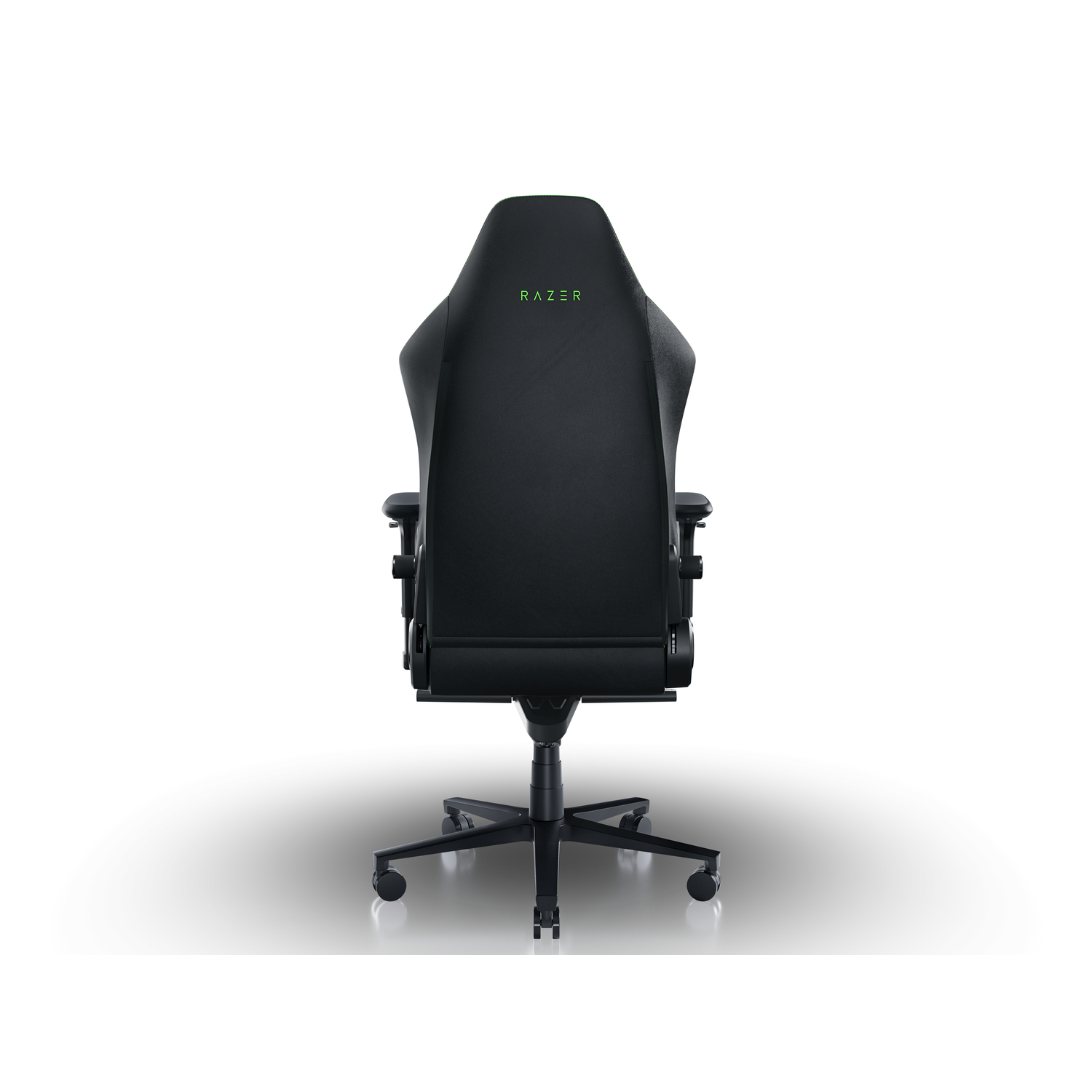 Gaming chair back view, showing a black chair with the Razer logo on headrest.