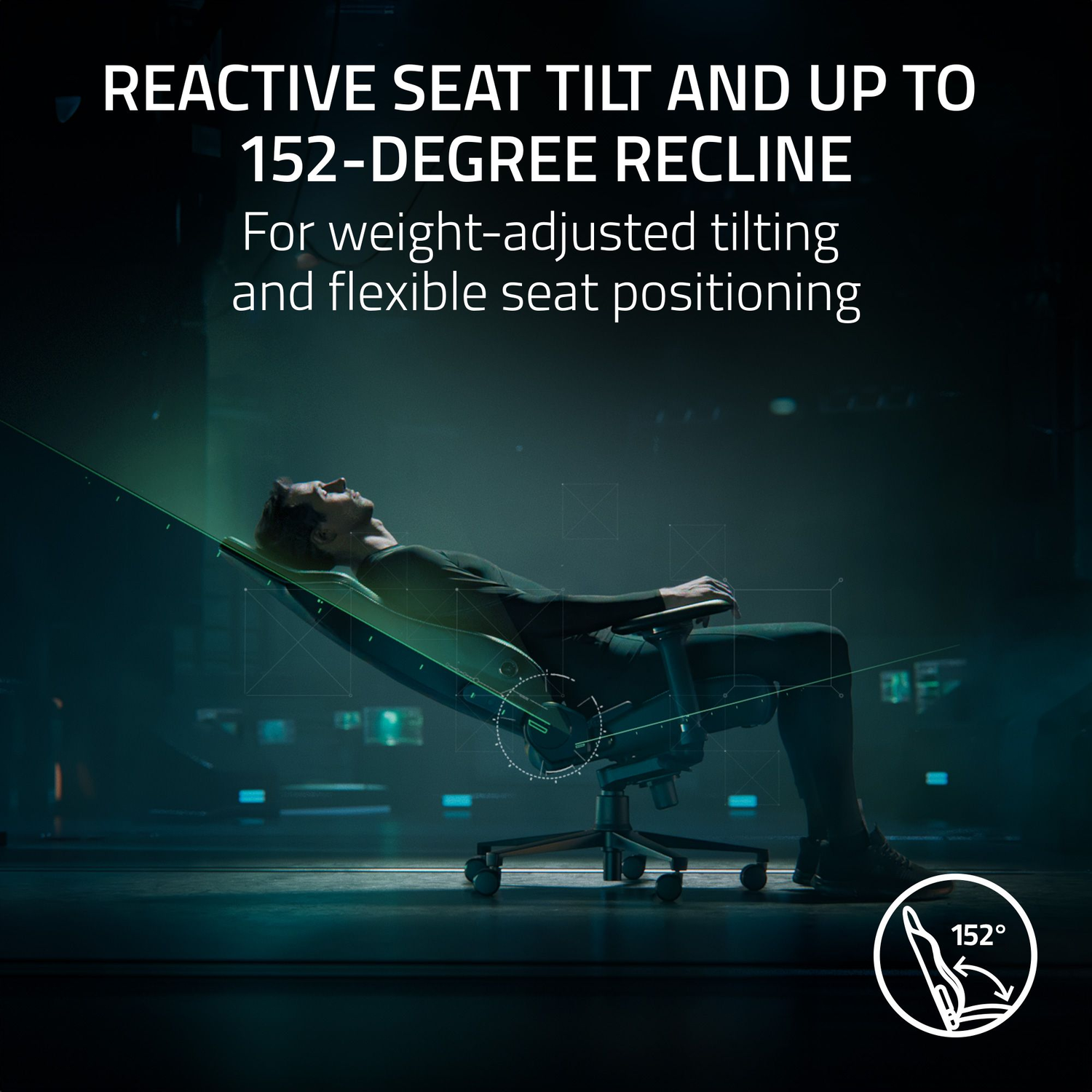 Man reclining in a chair. Text: 'Reactive Seat Tilt and Up to 152-Degree Recline'.
