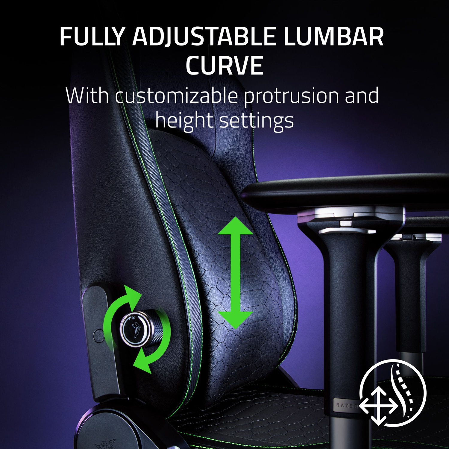 Détail du fauteuil de jeu noir. Flèches d'ajustement de la courbe lombaire. Noir et vert.