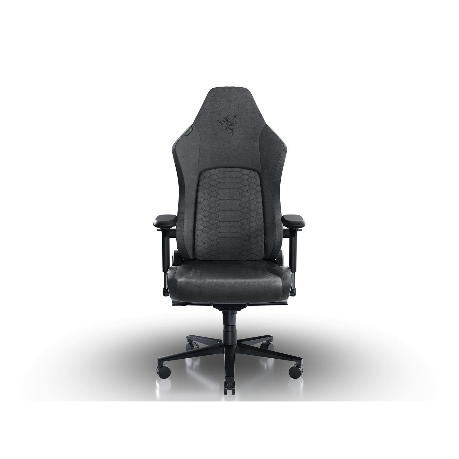 Chaise de jeu noire avec logo Razer, accents verts et accoudoirs, fond blanc.