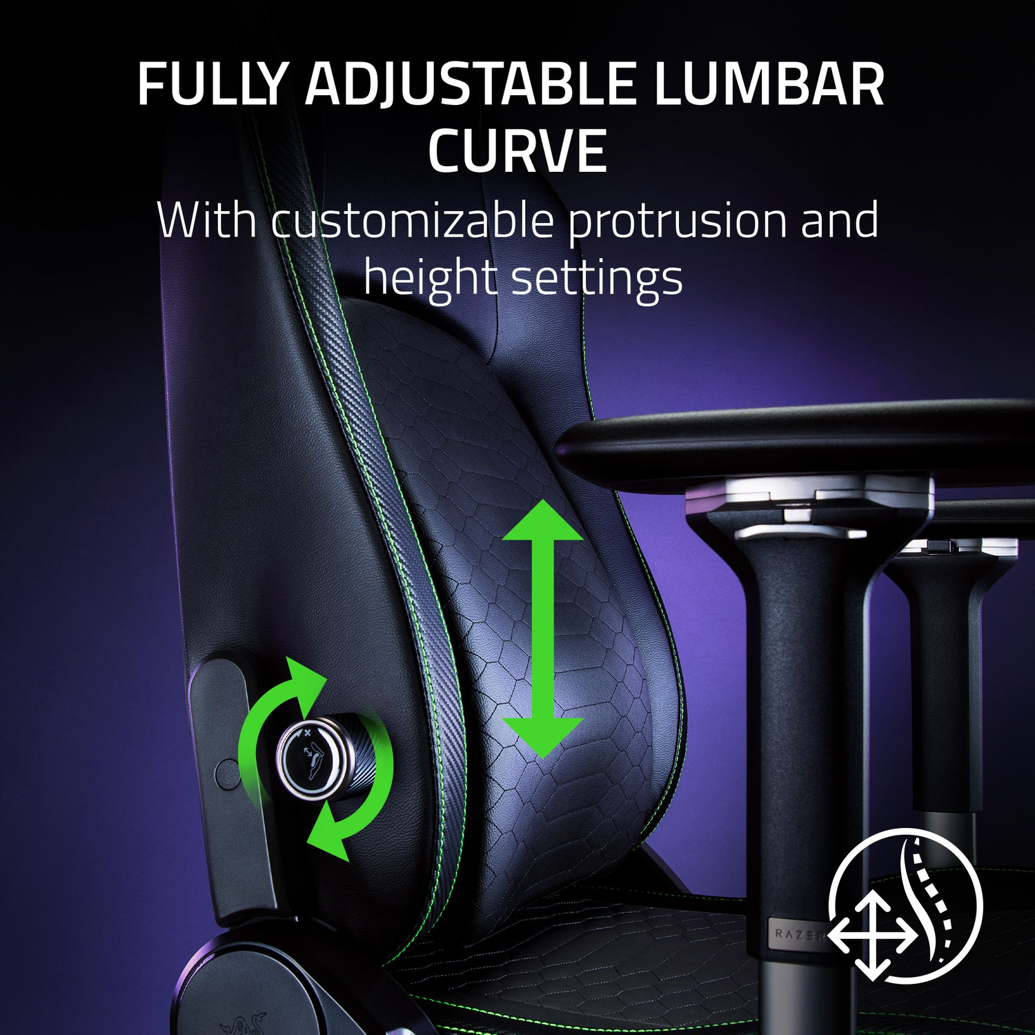Chaise gaming noire avec accents verts. Soutien lombaire réglable, flèches vertes.