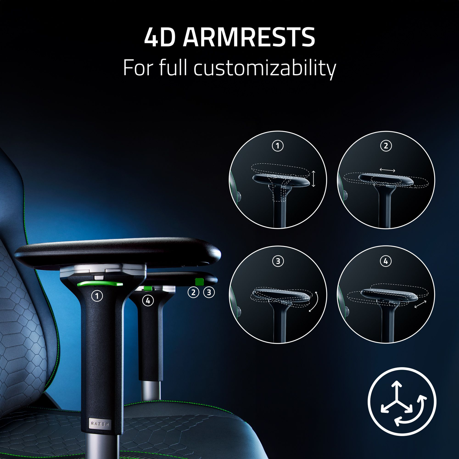 Une chaise de jeu noire et verte avec des accoudoirs 4D pour une personnalisation complète.