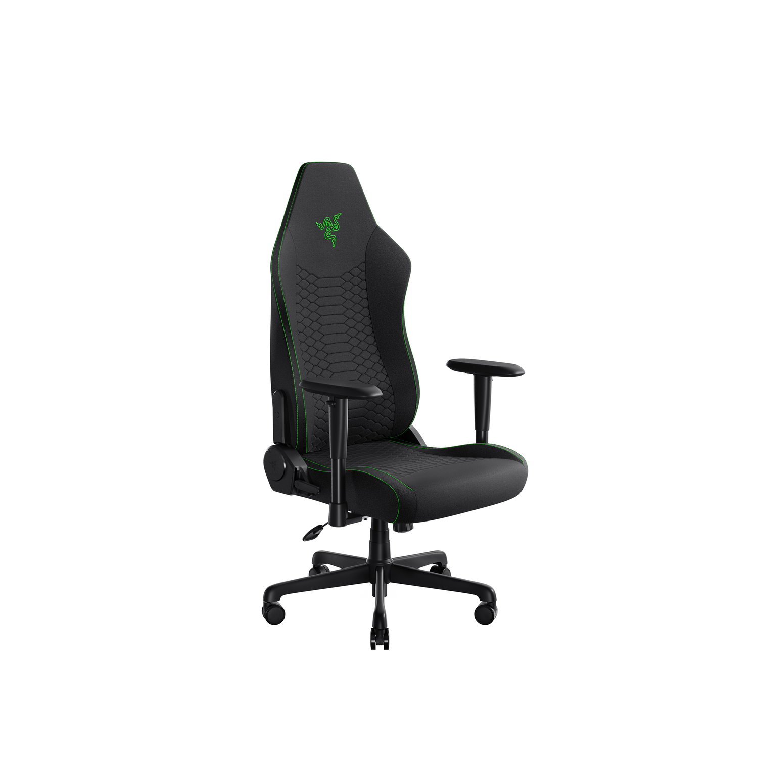 Chaise gaming Razer noire et verte sur fond blanc, montrant le dossier et les accoudoirs.