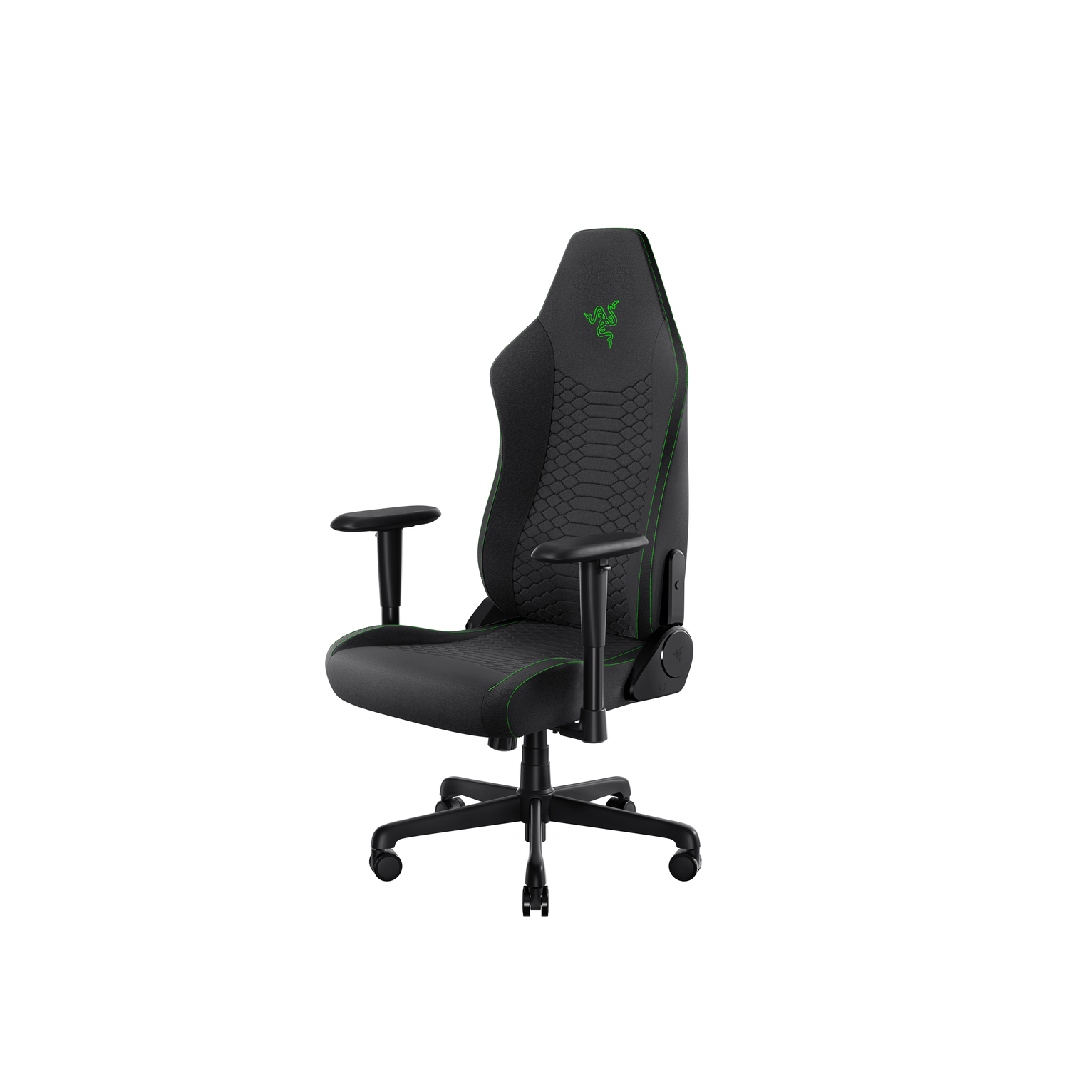 Chaise gaming noire avec accents verts, logo Razer sur l'appui-tête.