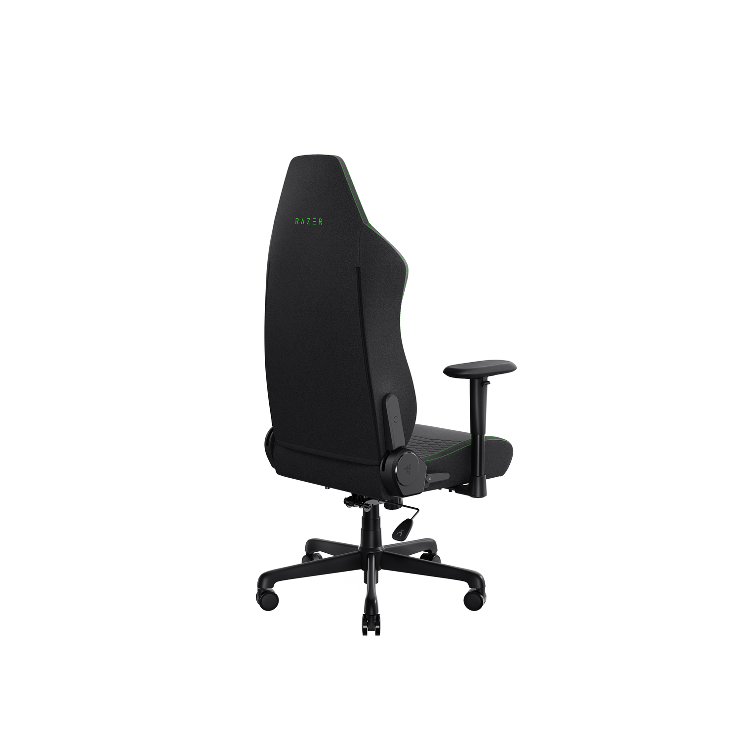 Chaise gaming noire, marque Razer, vue arrière, avec accents et logo verts.