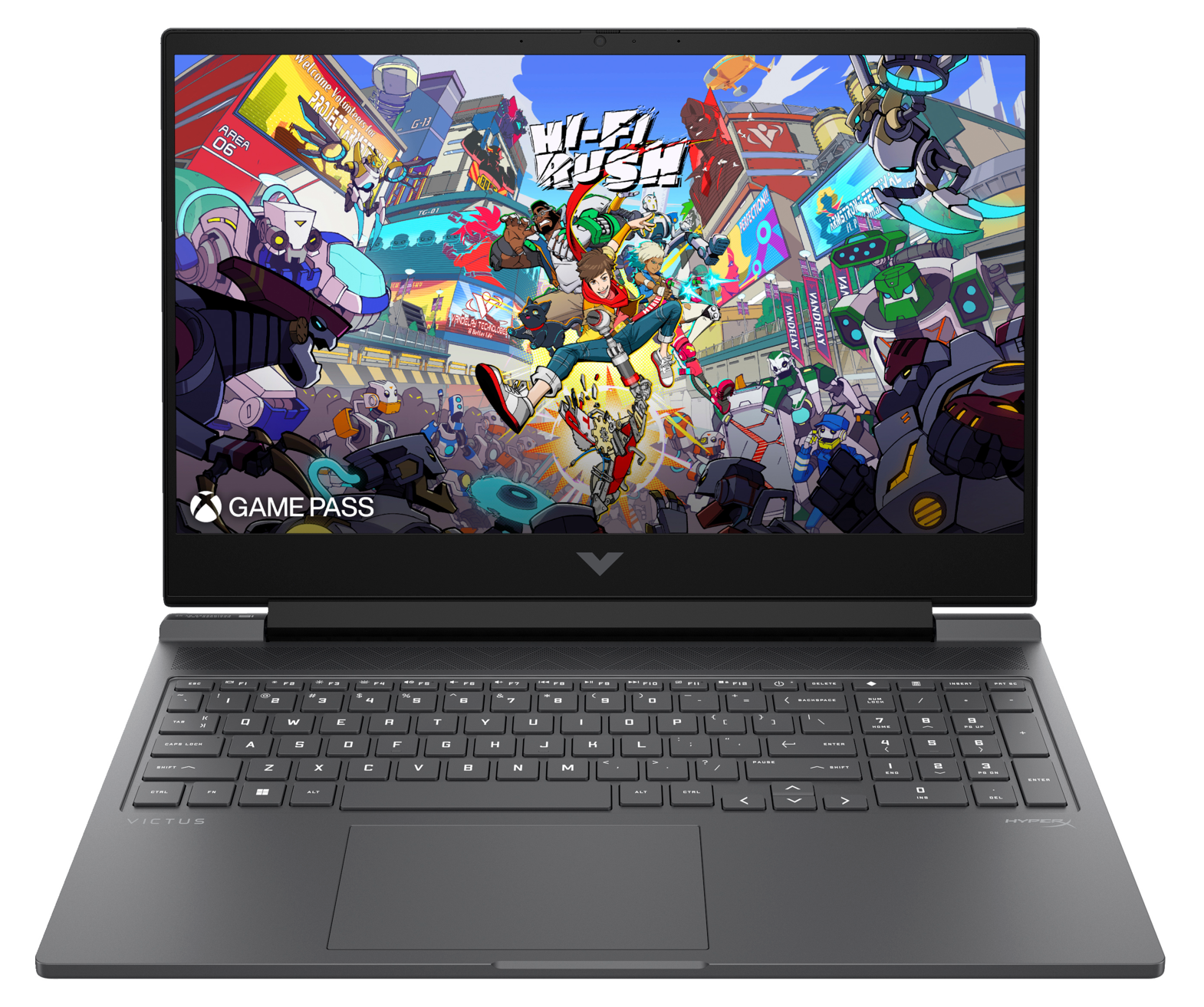 Otwarty laptop, pokazujący ekran gry. Czarna klawiatura, czarna ramka.