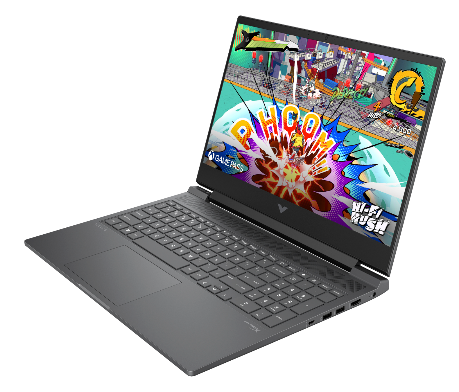 Czarny laptop do gier HP Victus, pochylony, ekran pokazuje grę.