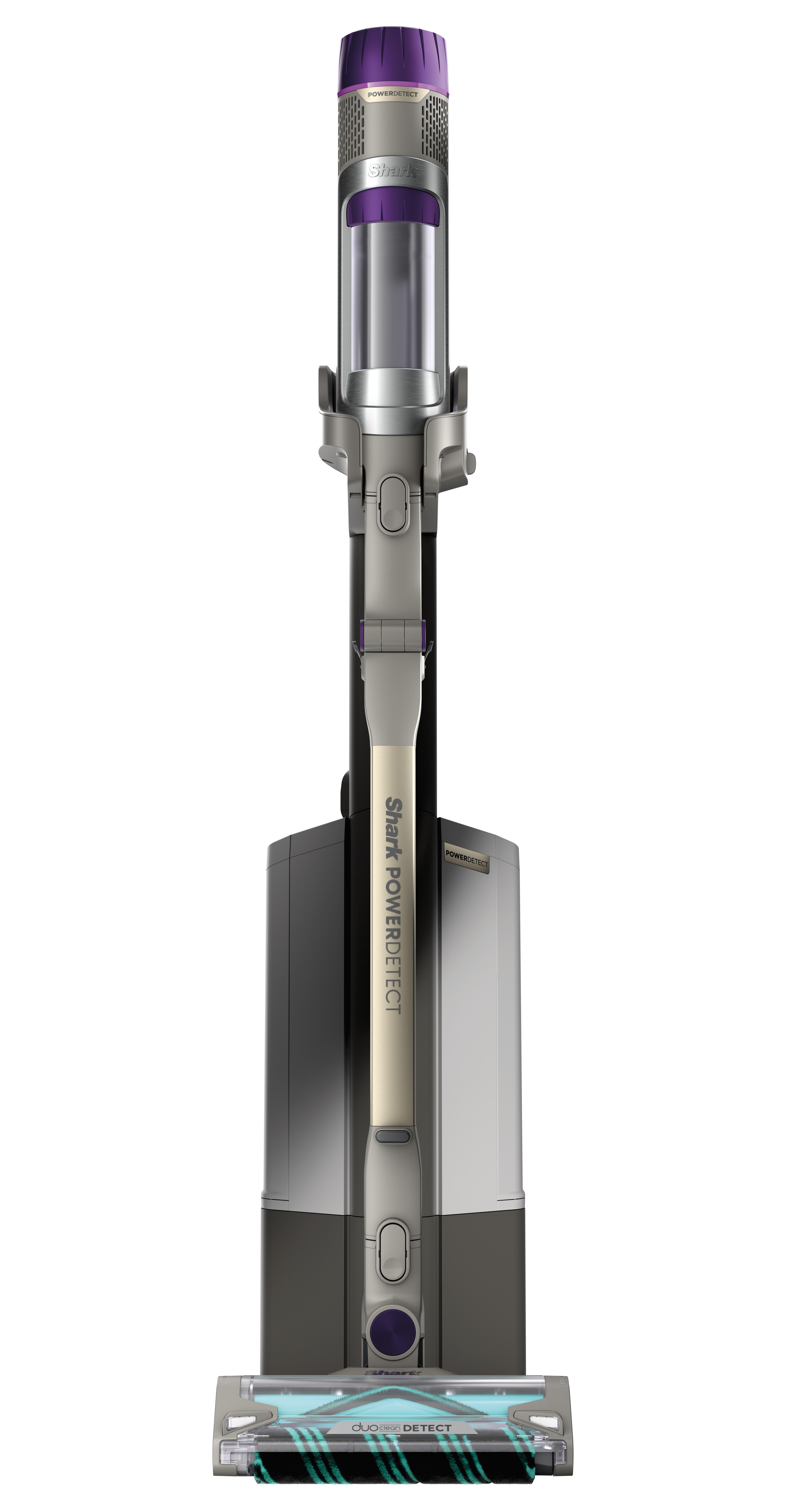 Ein silberner und lila Staubsauger.