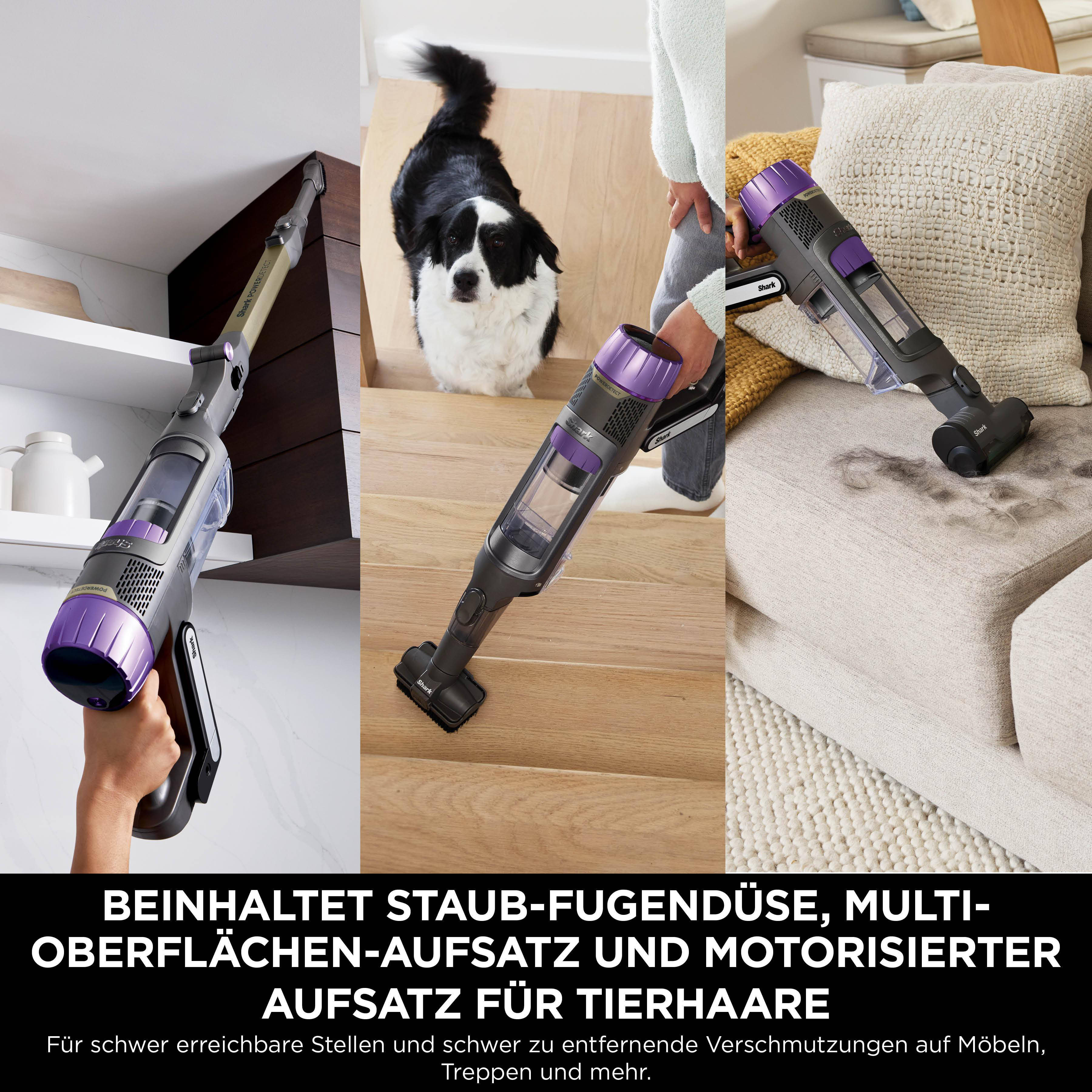 Staubsauger im Einsatz auf Treppen, Möbeln und Hund.